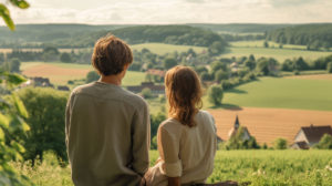 Junges Paar genießt den Ausblick in einem hessischen Dorf